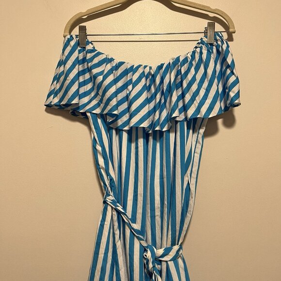 Trina Turk NWT‎ Salima 2 Midi Off-The-Shoulder Dress in Blue Stripe Size Large - Picture 4 of 12